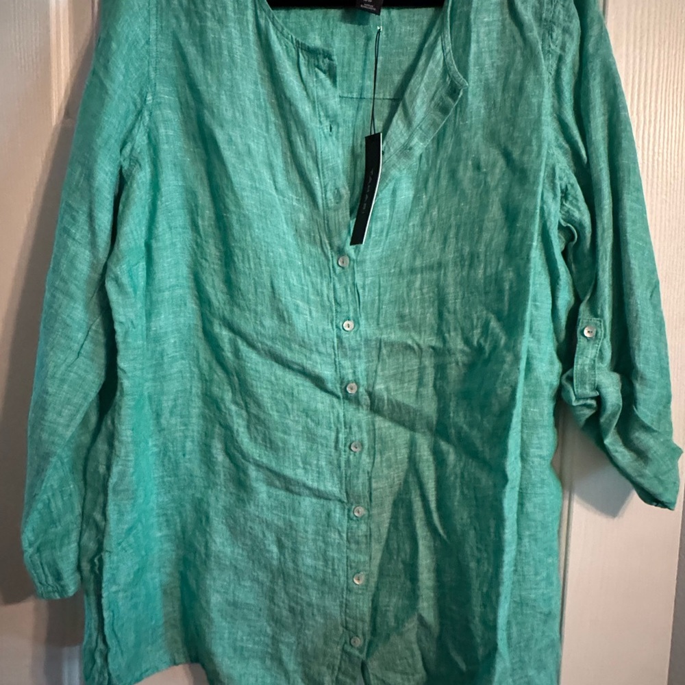 Tahari Teal Button-Down Linen Shirt